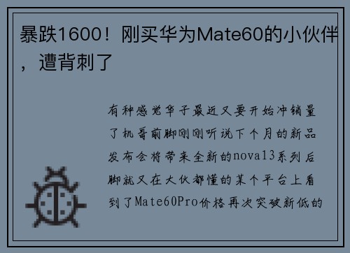 暴跌1600！刚买华为Mate60的小伙伴，遭背刺了