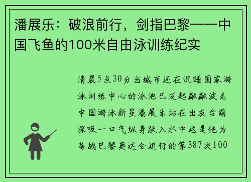 潘展乐：破浪前行，剑指巴黎——中国飞鱼的100米自由泳训练纪实