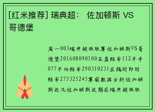 [红米推荐] 瑞典超： 佐加顿斯 VS 哥德堡