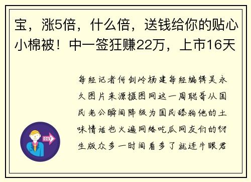 宝，涨5倍，什么倍，送钱给你的贴心小棉被！中一签狂赚22万，上市16天就杀入千亿俱乐部，机构抢疯了？
