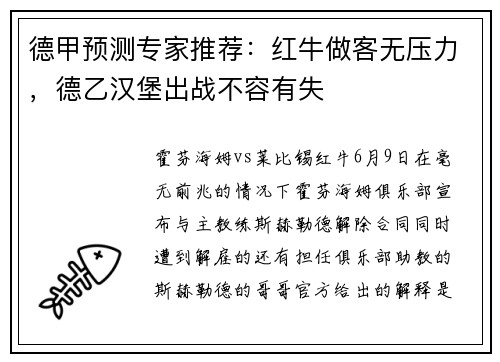 德甲预测专家推荐：红牛做客无压力，德乙汉堡出战不容有失