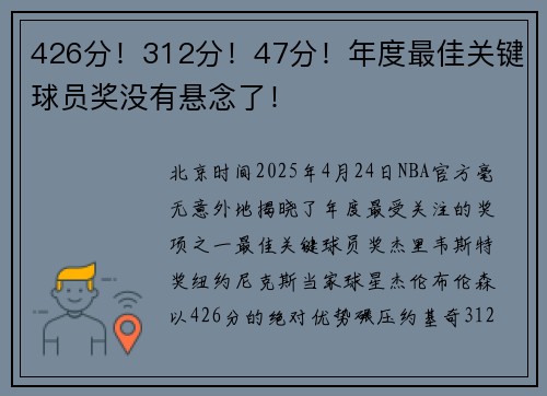 426分！312分！47分！年度最佳关键球员奖没有悬念了！