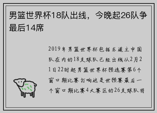 男篮世界杯18队出线，今晚起26队争最后14席